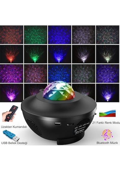 Led Yıldız Bluetooth Hoparlör Usb Projektör Okyanus Dalgası Efektli, 21 Modlu Gece Lambası Siyah