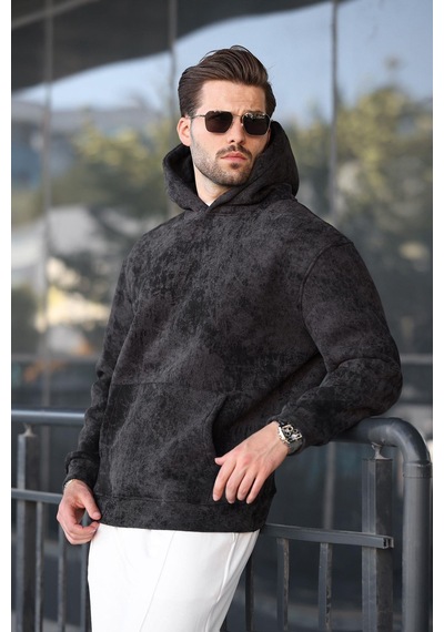 Madmext Siyah Desenli Kapüşonlu Erkek Sweatshirt E7167 Siyah
