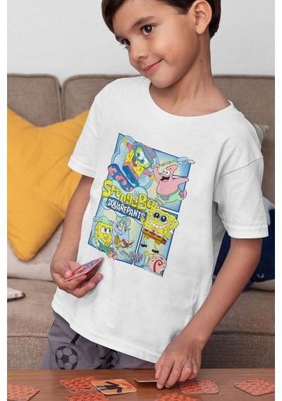 Sevbano Süngerbob Ve Patrick Baskılı Unisex Çizgi Film Çocuk Tişört 1-12 Beyaz