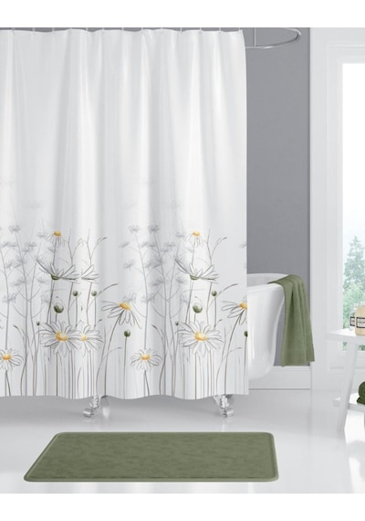 Banyo Perdesi Papatya Çiçek Desen Halkalı Duş Perdesi + Askı Aparatı 180 x 200 CM Çok Renkli