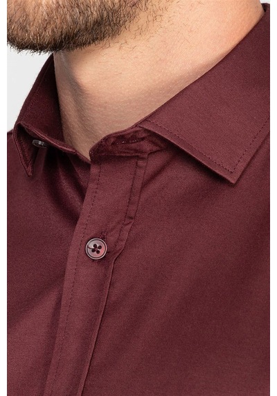 Tudors Slim Fit Uzun Kollu Likralı Düz Pamuk Saten Erkek Bordo Gömlek-19933 Bordo