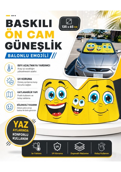 Baskılı Ön Cam Güneşlik Balonlu Emojili 135x65cm Görsel Afiş 135x65 Cm
