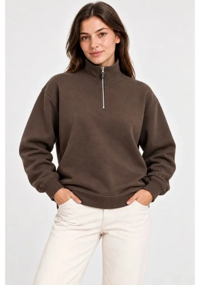Butik İstanbul Üç İplik İçi Şardonlu Dik Yaka Yarım Fermuarlı Kışlık Sweatshirt - Kahverengi