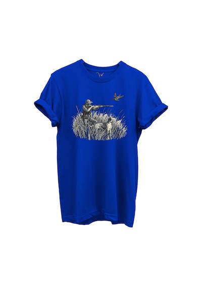Outdoor Avcılık Avcı, Köpek Ve Kuş Desenli %100 Pamuk Regular Fit Bisiklet Yaka Unisex T-shirt Saks Mavi