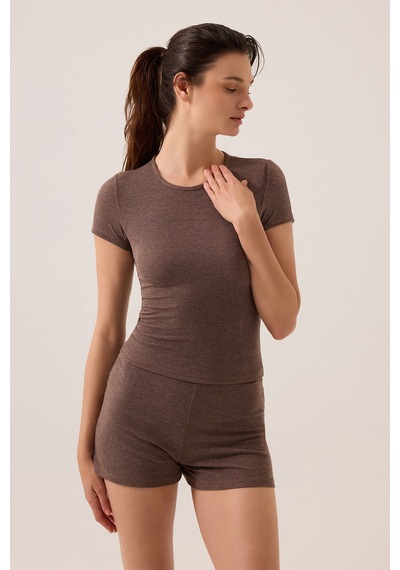 Los Ojos X Ece Kahverengi Modal Kumaşlı Kısa Kollu Şortlu Pijama Takımı Ribbed Pj4 Kahverengi Kahverengi