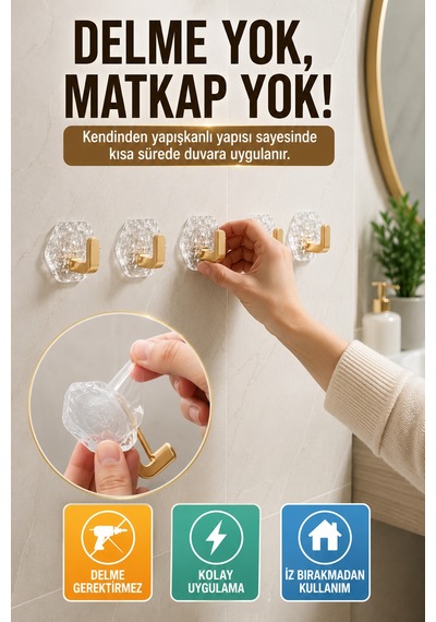 Gold Kendinden Yapışkanlı 5'li Duvar Askısı Banyo Mutfak Havlu Askılığı Buz Desen Dekoratif Seti Altın
