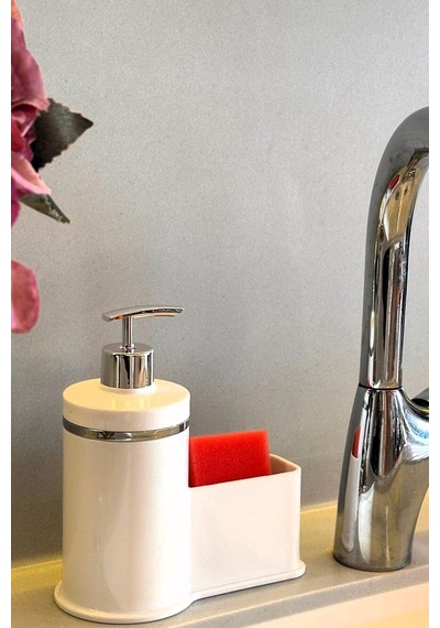 Makri Home Mutfak Veya Banyo İçin Şık Gümüş Detaylı Süngerlikli Sıvı Sabunluk , Yerli Üretim Beyaz