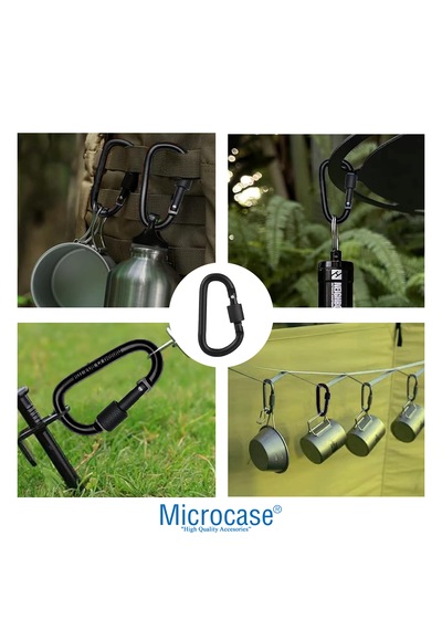 Microcase Vidalı Kilitli Karabina Askı 5.5 Cm - Çok Amaçlı D Tipi Kamp Anahtarlık Çanta Kampçılık Ekipman Sabitleme Kancası Siyah 5 Adet - Al5886