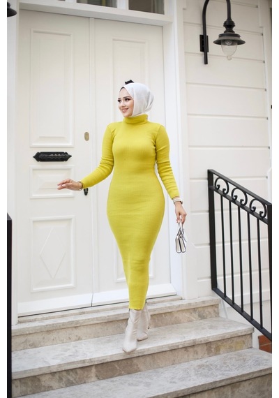 Hira Life Fashion Kadın Elbise Tesettür Giyim Balıkçı Yaka Ve Dar Kesim Triko Kalem Elbise Sarı Sarı Hira Life Fashion Kadın Elbise Tesettür Giyim Balıkçı Yaka Ve Dar Kesim Triko Kalem Elbise Sarı Sarı