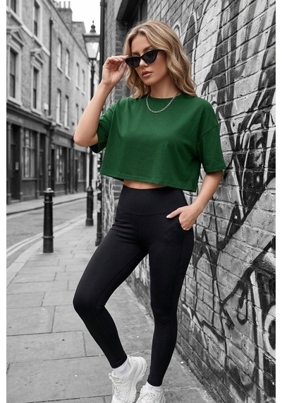 Cezyy Bisiklet Yaka Basic Oversize Crop Tişört - Pamuklu Rahat Kesim Yesıl
