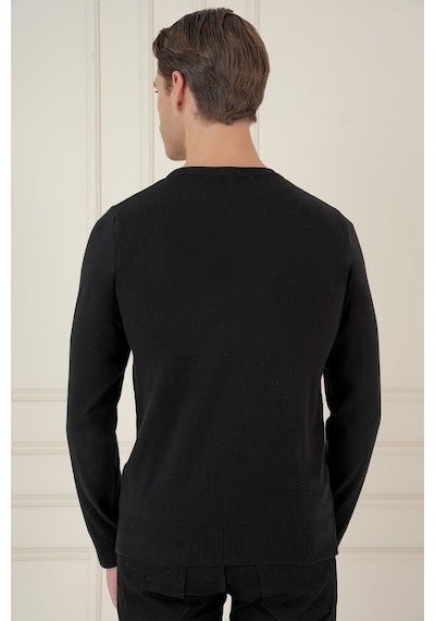 Slim Fit Ribanalı Düz Siyah Yünlü Bisiklet Yaka Triko Kazak Tr 900