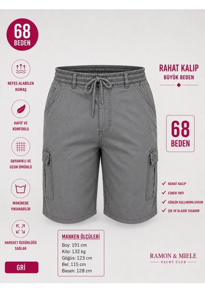 Büyük Beden Beli Lastikli İpli Kargo Cep Detaylı Pamuklu Erkek Şort Gri