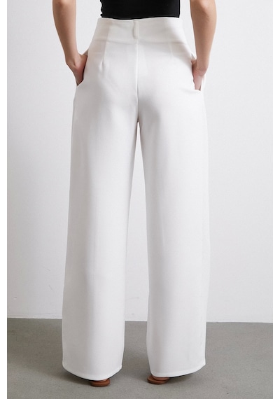 Never More Bel Detaylı Wide Leg Pantolon Ekru Ekru