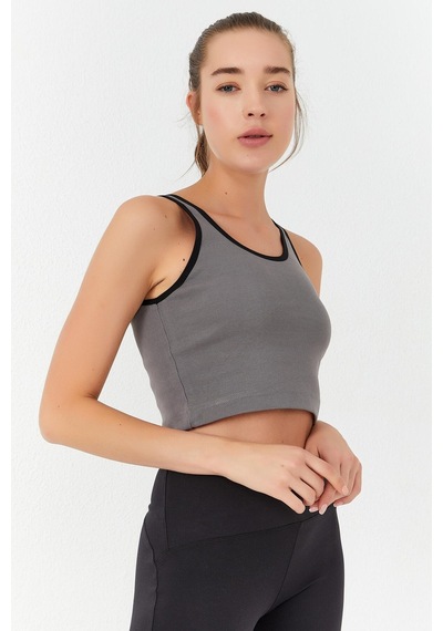 Tommy Life Gri Basic Sıfır Kol Dar Kalıp U Yaka Kadın Crop Top Atlet - 97162 Gri