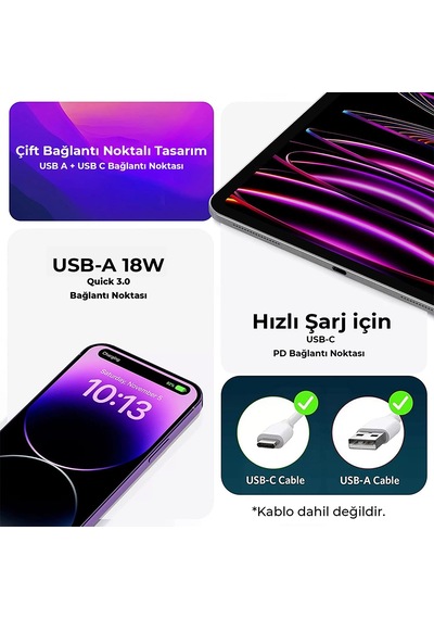 Bix ZH-2U41T 25 W USB-A Type-C PD 3.0 Hızlı Şarj Adaptörü Siyah