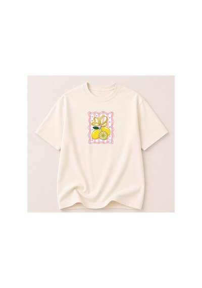 Herkesemoda Limon Baskı Detaylı Bisiklet Yaka Pamuklu Basic T-shirt Krem