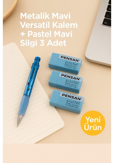 Metalik Mavi Versatil Kalem + Pastel Mavi Silgi 3 Adet Fildişi