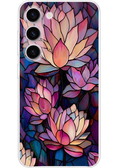 Printify Samsung Galaxy S23 İle Uyumlu Vitray Sessiz Lotus Tasarımlı Şeffaf Silikon Kılıf Şeffaf