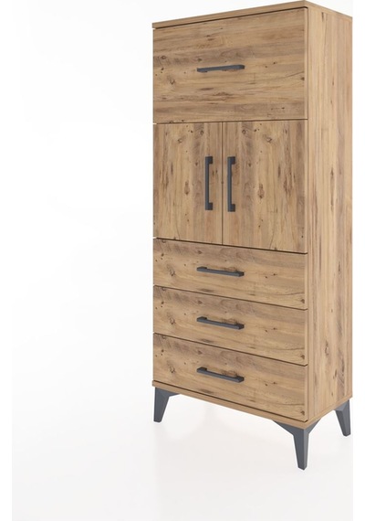 Hyperion Dolap Tek Raflı 4 Çekmeceli 2 Kapaklı 60x44x134 Çam-çam Atlas Çam