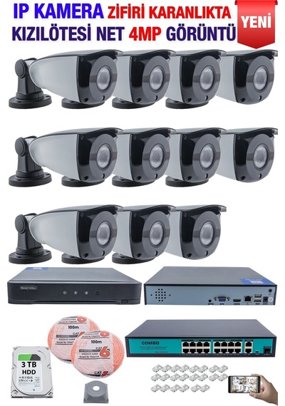 Ip Kamera Seti - 12 Ip Kamera - 16 Kanal Nvr - 16 Port Poe Switch, 3 Tb Disk, Gece Görüşlü Ir