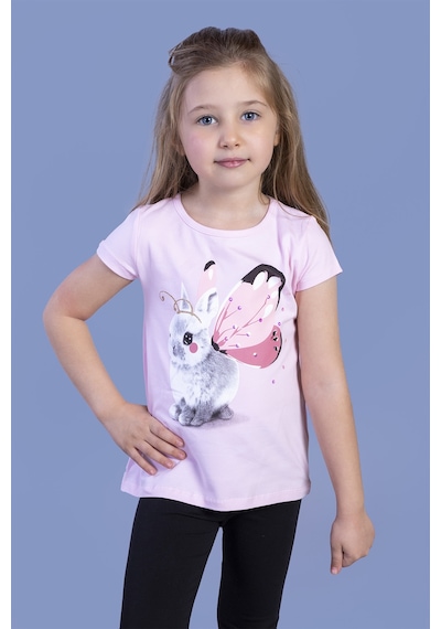 Toontoy Kids Toontoy Kız Çocuk Tavşan Baskılı Pul İşlemeli Tişört Pembe