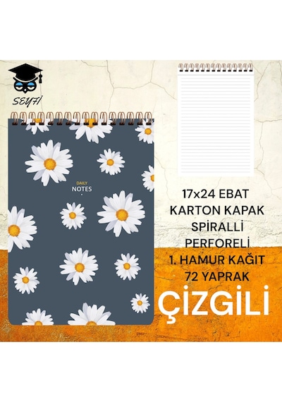 17x24 Cm Çizgili 72 Yaprak Üstten Açılır Karton Kapak Telli Defter Beyaz Sayfa 1.hamur Kağıt Perfore Çiçek