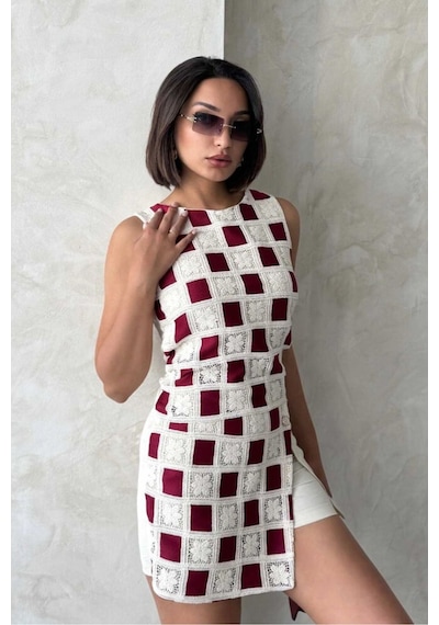 Verymoda Dama Desen Tığ İşi Toptan Bluz Ham Bordo