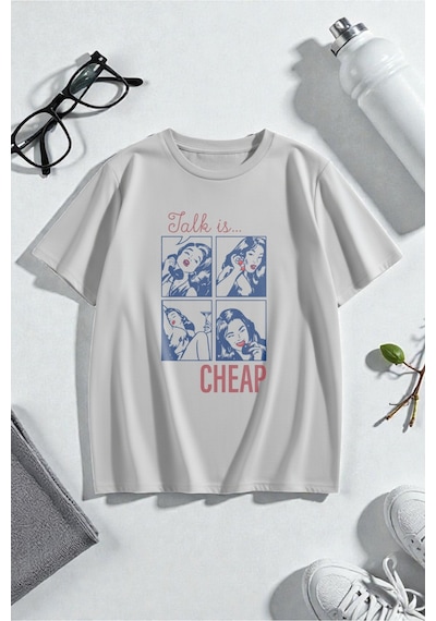 Uyguntarz Unisex Talk İs Cheap Baskılı Oversize Tshirt Gri