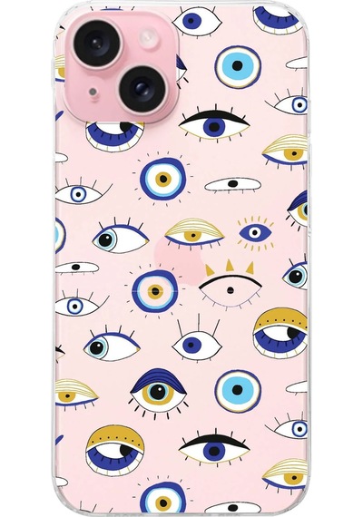 Apple Uyumlu iPhone 15 İle 1mm Slim Fit Nazar Boncuğu 2 Baskılı Şeffaf Kılıf
