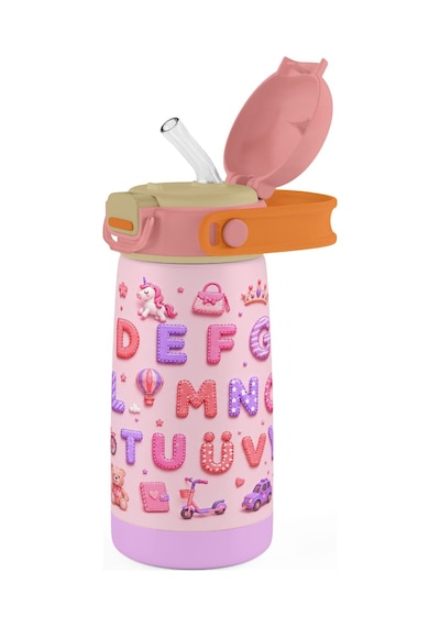 Puccon 420 Ml Kız Çocuklar İçin Alfabe Harfler Baskılı Çelik Matara Termos Suluk - 60018 Pembe - Mor