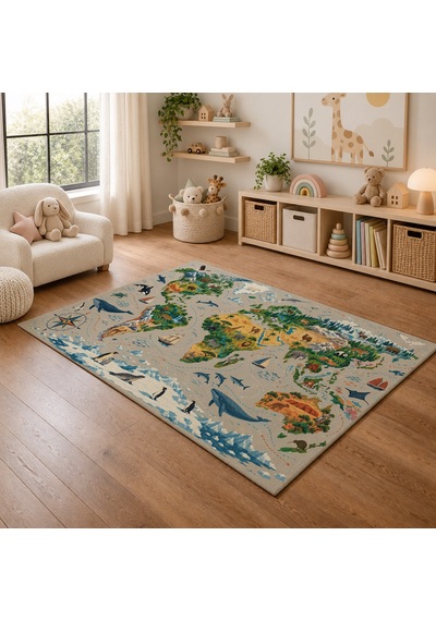 Kartela Halı Dünya Kaşifi Çocuk Oyun Halısı Kaymaz Dot Taban Yıkanabilir 180 X 270 Cm
