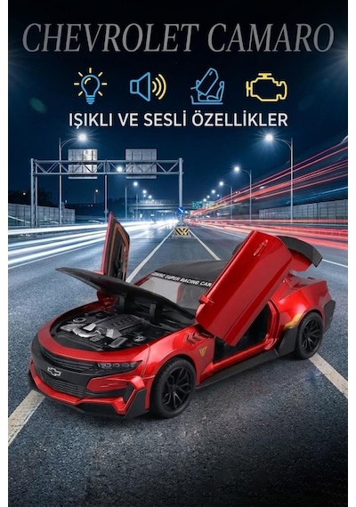 Işıklı Sesli Pilli 1:24 Ölçekli Metal Chevrolet Camaro Kapısı Kaputu Ve Bagajı Açılan Model Araba Kırmızı