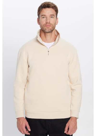 Tudors Unisex Relax Fit Rahat Kesim Pamuklu İçi Polarlı Yarım Fermuarlı Ekru Dik Yaka Sweatshirt-31453 Ekru