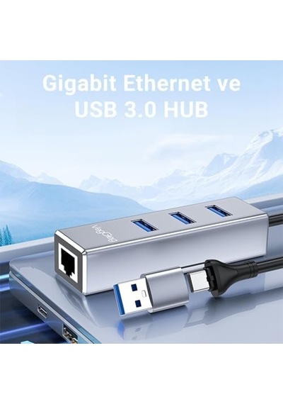 Usb Ve Type-c Gigabit Ethernet Adaptörü 3 Port Usb 3.0 Çoklayıcı Hub