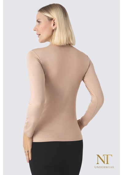 Nt Underwear Kadın Bambu Balıkçı Yaka Uzun Kol Body Hafif, Rahat Ve Şık Bej