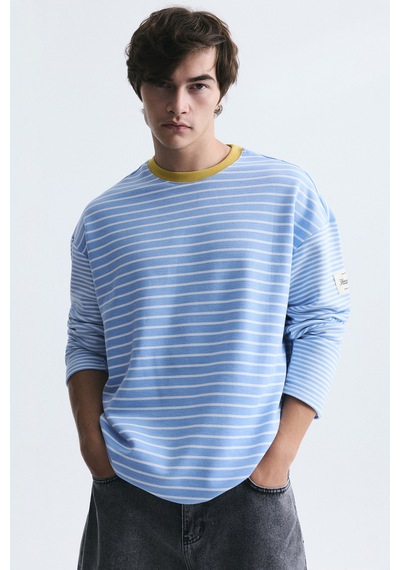 Vamos Kontrast Yaka Çizgili Sweatshirt Ekru-bebe Mavi