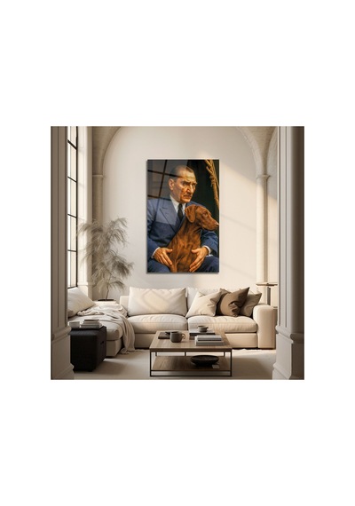 Sadakat Ve Liderlik Temalı Atatürk Ve Köpeği Cam Tablo Atatürk Temalı Dekoratif Duvar Tablosu, Salon, Ofis Ve Çalışma Alanı Dekoru,