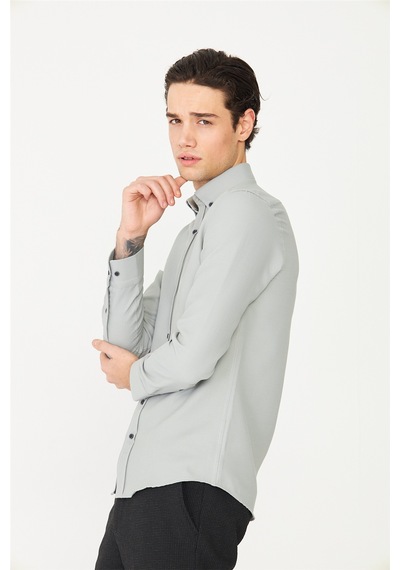 Gri Düğmeli Yaka Uzun Kollu Gömlek Slim Fit Gri