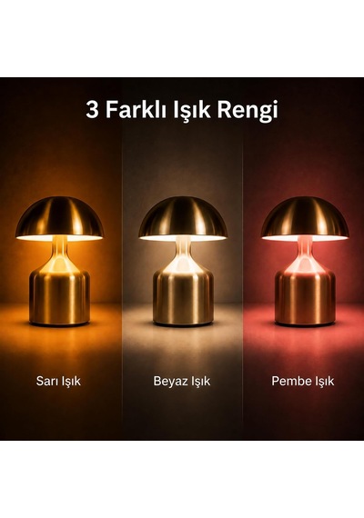 Şarj Edilebilir Led Mantar Masa Lambası, Dokunmatik 3 Renk Modlu, 1800 Mah Kablosuz Metal Abajur, Usb Type-c Şarjlı