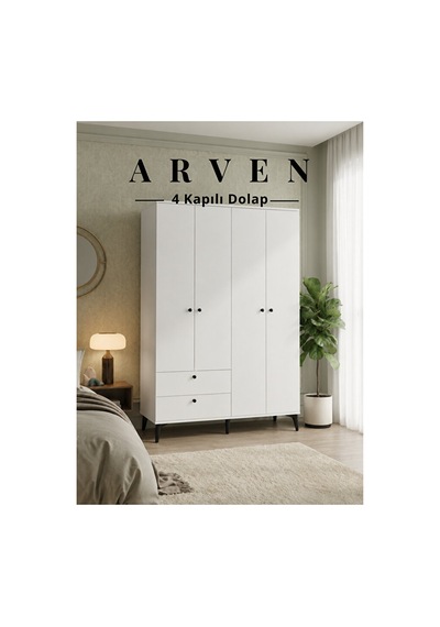 Arven 4 Kapılı 2 Çekmeceli Dolap, Gardrop Beyaz