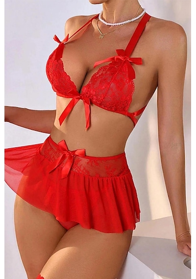 Mentra Online Özel Tasarım Kırmızı Dantelli Fiyonklu Şık Babydoll