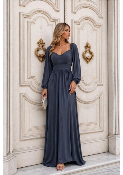 Store Esnek Büzgülü Yaka Elbise V Kumaş Abiye Sandy Saks - 935897671 Saks