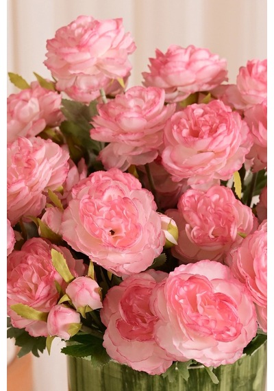 Pembe Yapay Ranunculus Şakayık Çiçeği 3 Dallı Lüx İpeksi Dokulu 50 Cm