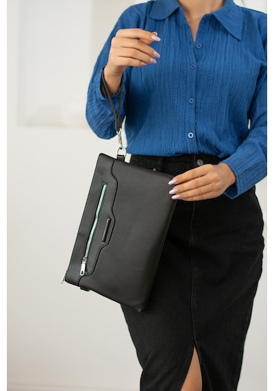 Sanmorris Kadın Suni Deri Ayarlanabilir Çapraz Askılı Ve El Askılı Siyah Mat Portföy, Clutch Çanta S-1360 Mat Siyah