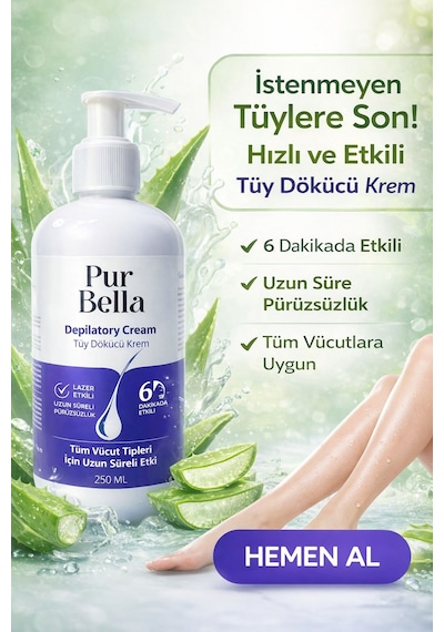 Pur Bella Tüy Dökücü Krem 6 Dakikada Etkili Aloe Vera & E Vitaminli Tüm Cilt Tipleri