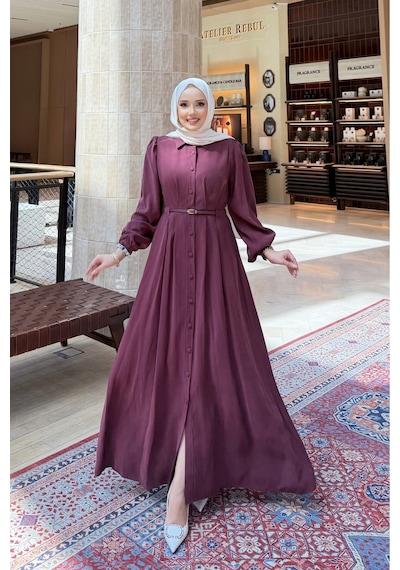 Riella Butik Nivra Kemerli Tesettür Elbise Bordo