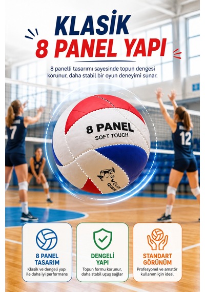 Voleybol Topu 5 No Kırmızı Mavi Soft Touch 8 Panel Dikişli Antrenman Okul Ve Oyun Topu