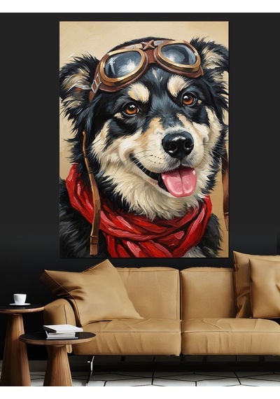 Ahşap Tablo Gözlüklü Havalı Köpek Pilot