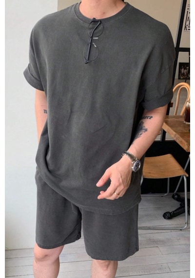 Tarz Cool Erkek Oversize T-shirt Şort Takım Rahat Yazlık Kombin Gri