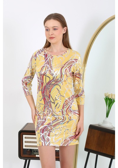 Modi Moda Çizgi Kadın Micro Kumaş Mini Parlak Elbise 7421 Sarı